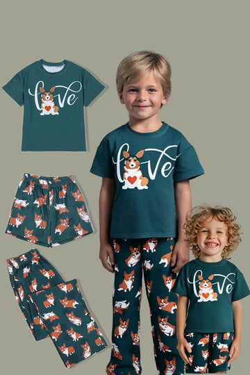 Dark Green Dog Printed Short Sleeve Matching Family Pajamas